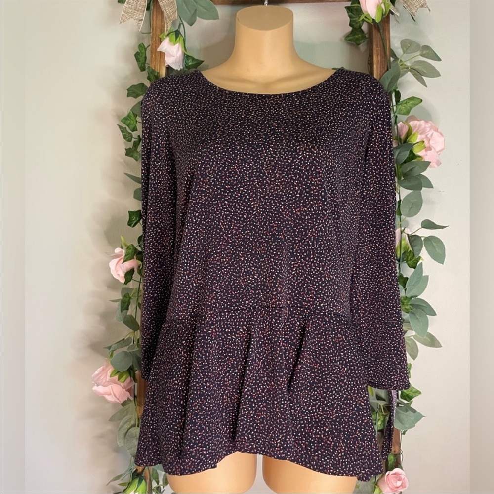 Banana Republic Confetti Print Top Ruffle Hem Navy and Burgundy EUC